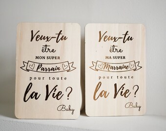 Carte gravée bois : veux-tu être mon/ma super parrain/marraine ? annonce bébé, annonce grossesse, carte annonce, demande parrain marraine