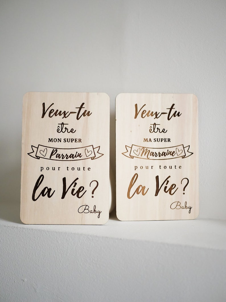 Carte gravée bois : veux-tu être mon/ma super parrain/marraine ? annonce bébé, annonce grossesse, carte annonce, demande parrain marraine image 1