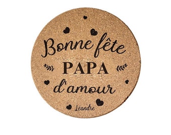 Dessous plat liège Bonne fête papa, cadeau personnalisé original père, idée fête des pères, cadeau de cuisine papa, cadeau prénoms enfants