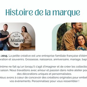 May include: A couple poses in front of a sign that reads "La Petite Cr&eacute;ative" in French. The sign is a round wooden sign with white lettering. The couple is standing in front of a wooden wall. The sign is a logo for a small business that creates personalized decorations and souvenirs for events like weddings, baby showers, and birthdays.