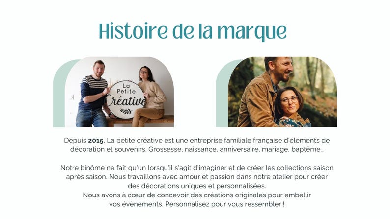 May include: A couple poses in front of a sign that reads "La Petite Cr&eacute;ative" in French. The sign is a round wooden sign with white lettering. The couple is standing in front of a wooden wall. The sign is a logo for a small business that creates personalized decorations and souvenirs for events like weddings, baby showers, and birthdays.