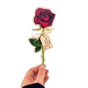 Fleur rose message maîtresse,professeur personnalisé,idée cadeau original maîtresse, rose rouge, merci professeur, atsem, nounou, carte bois