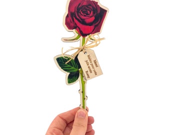 Fleur rose message maîtresse,professeur personnalisé,idée cadeau original maîtresse, rose rouge, merci professeur, atsem, nounou, carte bois