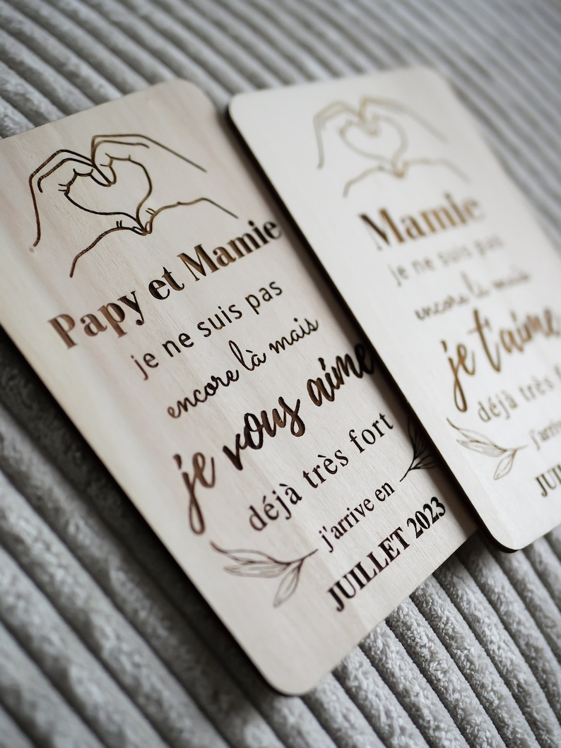 Carte en bois annonce bébé, annonce grossesse originale, carte annonce futur papy/mamie, cadeau personnalisée demande parrain/marraine, bébé image 4