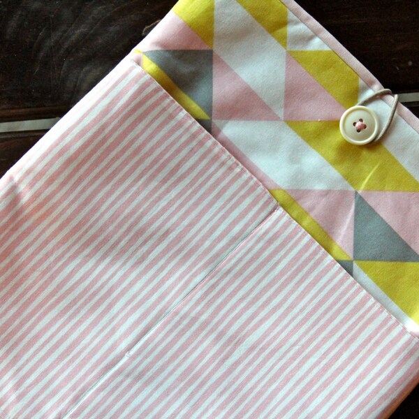 SALE--ipad sleeve, ipad cover, POCKET, colorful ipad pouch, tablet cover, geometric print, pink stripes,  button closure