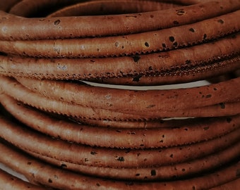 1m/39in -  5mm round cork cord - Portuguese dark brown Cork - Vegan - 5mm thickness - Portuguese fabric (C5MM-3)
