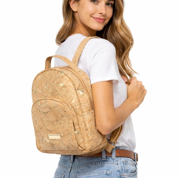Cork Backpack | Gold Shimmer | Vegan & Eco-Friendly Bag | Zamak Zippers | Sustainable Fashion | Made in Portugal (BO391)