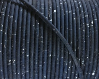 3mm portuguese blue cork cord with silver stokes - Vegan Jewelry Making Supply  - high quality cork - 1m/39in  (C3MM-17)