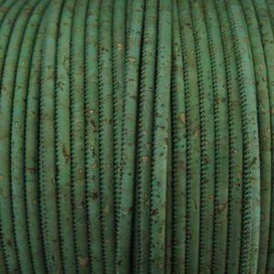 1 m/39 po - Cordon de liège portugais de 3 mm - ton vert foncé - 3 mm de diamètre pour les bracelets ou les colliers - végétalien - tissu en liège (C3MM-19)
