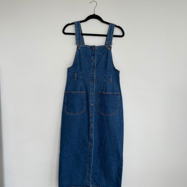 vintage 90s 1990 minimalist overall pencil dress / button down denim midi dress