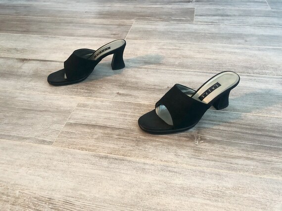 vintage 1990 90s black suede slip on high heel mul