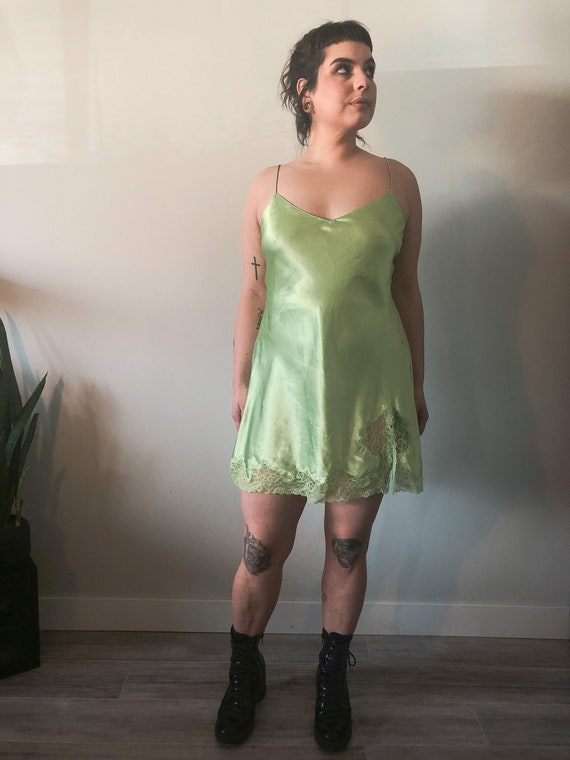 vintage 1990 90s lime green lace + satin slip dres