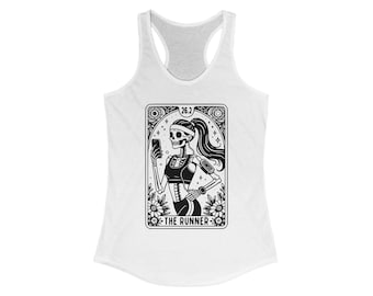 May include: White racerback tank top featuring a black and white graphic of a skeleton runner holding a phone. The graphic includes the text "26.2" and "THE RUNNER" within a decorative frame with floral elements.