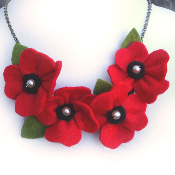 Red Poppy Necklace, Felt Poppies and Pearls Flower Necklace, Bright Red Statement Jewellery