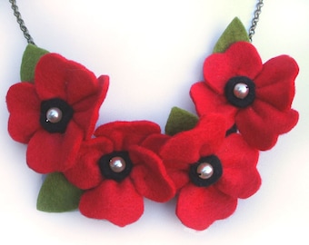 Red Poppy Necklace, Felt Poppies and Pearls Flower Necklace, Bright Red Statement Jewellery