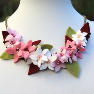 Spring Necklace, Pink Cherry Blossom Felt Bib Necklace, Flower Cluster Floral Jewellery