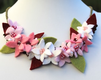 Spring Necklace, Pink Cherry Blossom Felt Bib Necklace, Flower Cluster Floral Jewellery