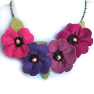 Pink and Purple Statement Necklace, Berry Colour Poppy Bib Jewellery, Summer Flower Accessory image 1