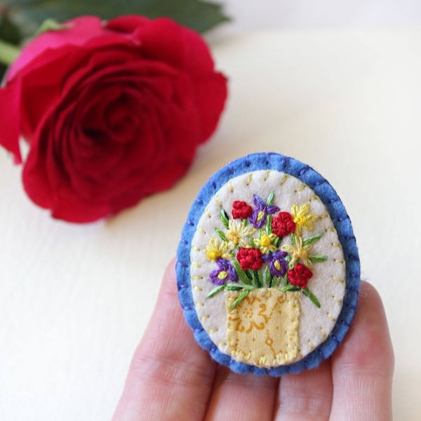 Hand Embroidered Felt Brooch of Red Roses, Yellow Daffodils & Purple Irises, Flower Gift for Gardener, Wearable Art Mother's Day Jewelry