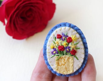 Hand Embroidered Felt Brooch of Red Roses, Yellow Daffodils & Purple Irises, Flower Gift for Gardener, Wearable Art Mother's Day Jewelry