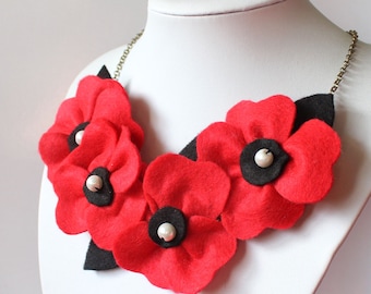 Red and Black Felt Poppy Necklace, Poppies and Glass Pearls Flower Necklace, Bright Red Statement Jewellery
