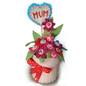 Mothers Day Gift, Personalized Flower Pots, Red and Pink Felt Flowers in a Pot, Mums Birthday, Flower Arrangement Flower Gifts For Gardeners image 1