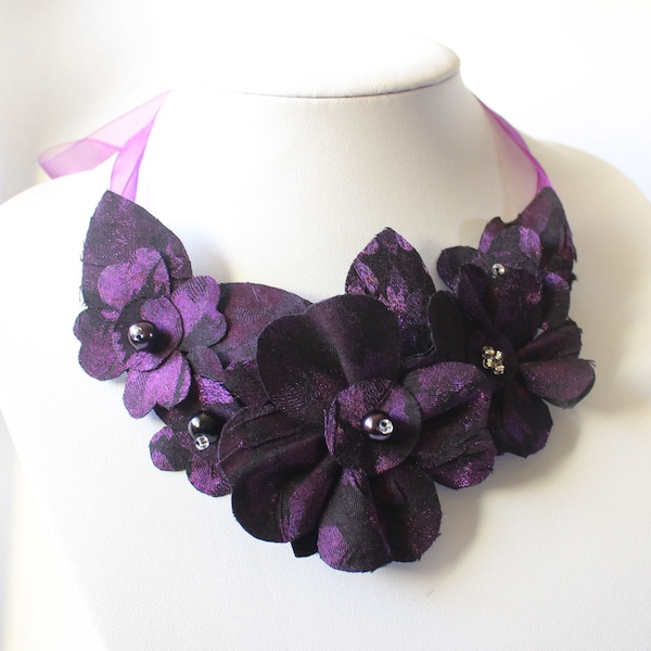 Purple Flower Ribbon Necklace, Elegant Necklace for Evening Wear, New Year Purple Floral Statement Jewelry