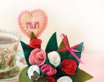 Felt Rose Flower Pot, Personalised June Birthday Gift for Mum, Mothers Day Gift