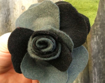 Big Rose Brooch, Charcoal Gray and Black Felt Flower Corsage