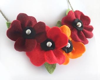 Fall Colours Statement Necklace, Felt Poppy Jewellery in Deep Red and Orange, Harvest Accessory