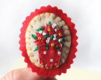 Christmas Poinsettia Brooch, Hand Embroidered Red Flowers Felt Pin, Small Festive Gift for Her