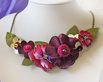 Cerise Pink Statement Necklace, Magenta Pansy Fabric Flower Jewellery, Bold Accessory, Striking Gift for Her
