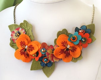 Colourful Statement Necklace with Hand Embroidered Orange Pansies and Tangerine, Teal and Terracotta Fabric Flowers, Summer Jewellery