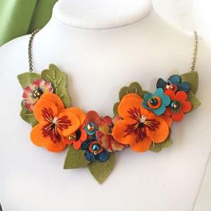 Colourful Statement Necklace with Hand Embroidered Orange Pansies and Tangerine, Teal and Terracotta Fabric Flowers, Summer Jewellery