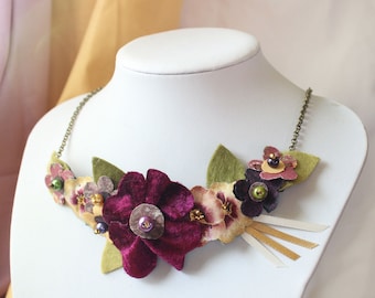 Moody Floral Statement Necklace, Burgundy, Dusty Pink and Gold Fabric Flower Textile Jewellery