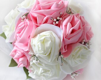 Fabric Rose Bouquet, Pink and Ivory, Cotton Anniversary Gift, Made to Order