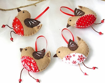 Felt Robin Christmas Tree Decoration, Hygge Bird Holiday Decor, Single or Set of Four Robins