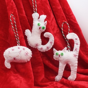 White Christmas Cat Felt Decorations: Handmade Mischievous Kitty Ornaments