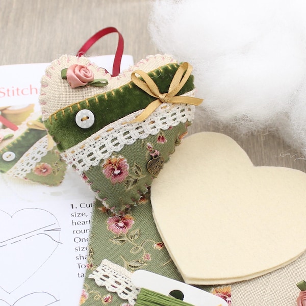 Vintage stoffen hartdecoratie langzaam naaipakket, landelijk leven handnaaicadeau