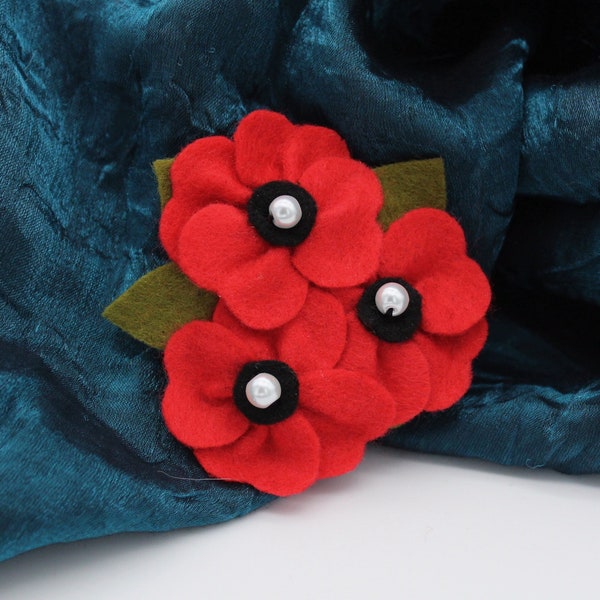Red Brooch, Trio of Red Felt Poppies 3 inch Pin, Bright Flower Jewellery