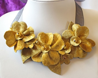 Ribbon Tie Velvet Necklace, Gold Fabric Flower Jewelry, Light to Wear