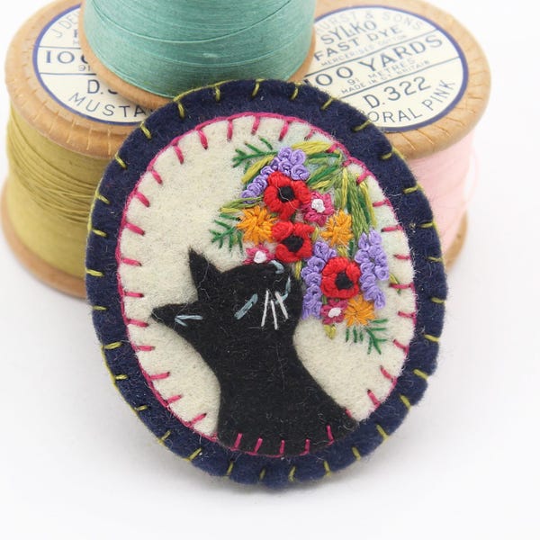 Cat Felt Brooch with Embroidered Flowers – Handmade Floral Stitched Art Cat Pin