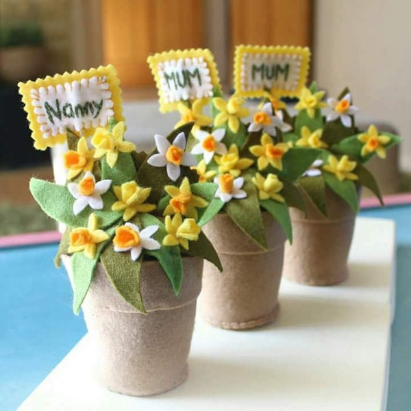 Spring Flowers Mothers Day Gift, Personalised Felt Daffodil Pot, H16cm