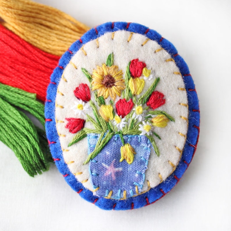 Hand Embroidered Mixed Flowers Felt Brooch with Sunflower Red and Yellow Tulips and Daisies Botanical Embroidery Art Small Brooch