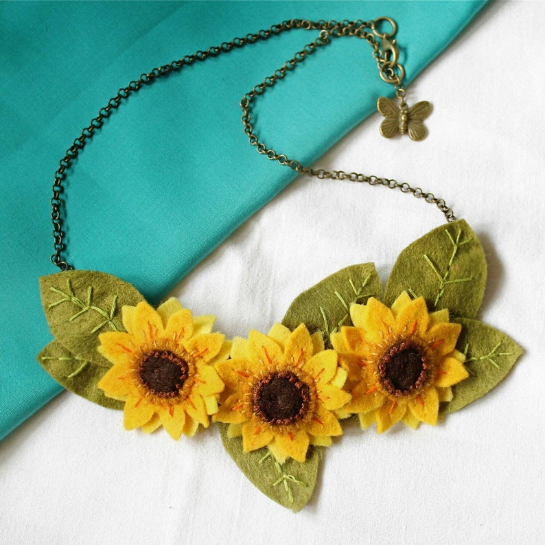 Sunflower Necklace with Hand Embroidered Golden Yellow Felt Etsy