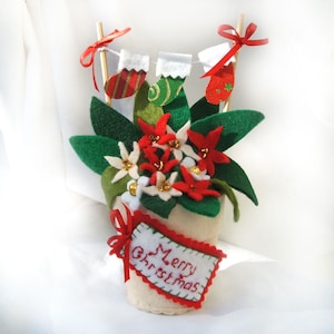 Flor de Pascua de fieltro y rosas navideñas: decoración navideña, maceta festiva, decoración de mesa navideña, regalo navideño rojo, dorado y verde.