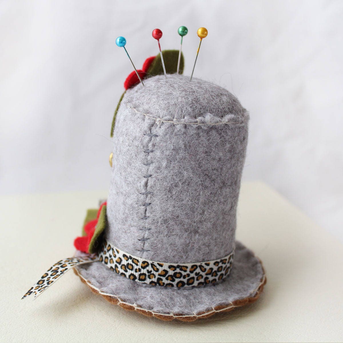 Felt Pincushion Sewing Gift Grey Hat Pin Cushion With Red Etsy UK