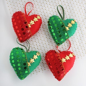 Sequin Love Heart, Disco Lovers Gift, Van Mirror Decor, Christmas or Valentine Decoration 4 Hearts Red/Green