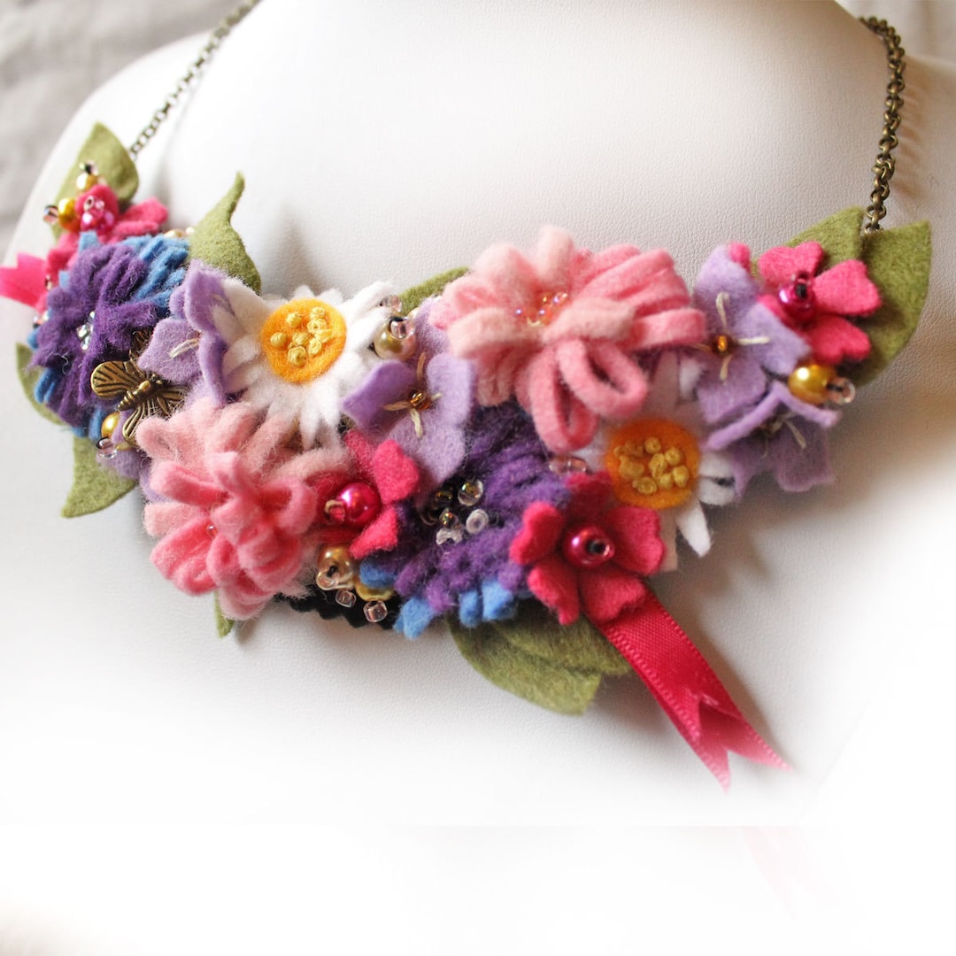 Colourful Flowers Statement Necklace, Bold Felt Flower Bib Jewelry