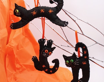 Black Cat Decorations, Alternative Christmas Tree Ornament, Lucky Halloween Cats, Single or Set of Three